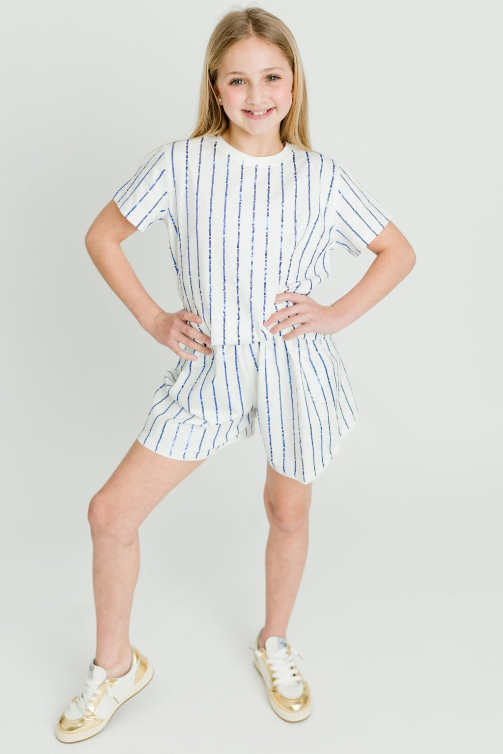 Royal Blue Sequin Striped Shorts - Lolomo!