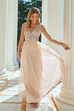 Valeria Blush Sequin V Neck Maxi DRess - Lolomo!