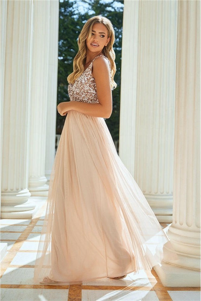 Valeria Blush Sequin V Neck Maxi DRess - Lolomo!