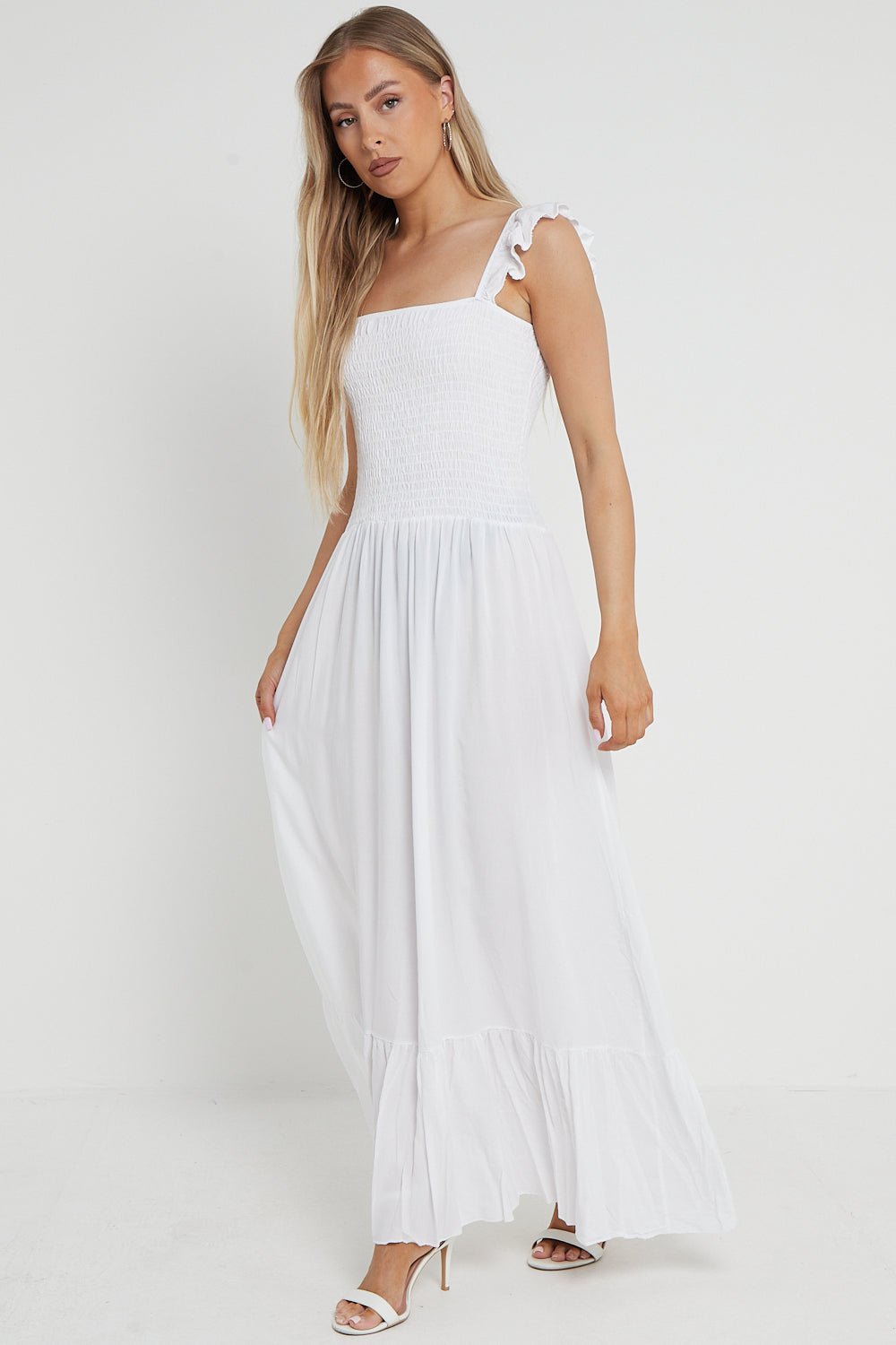 White Shirred Maxi Dress With Frill - Lolomo!