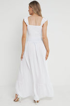 White Shirred Maxi Dress With Frill - Lolomo!