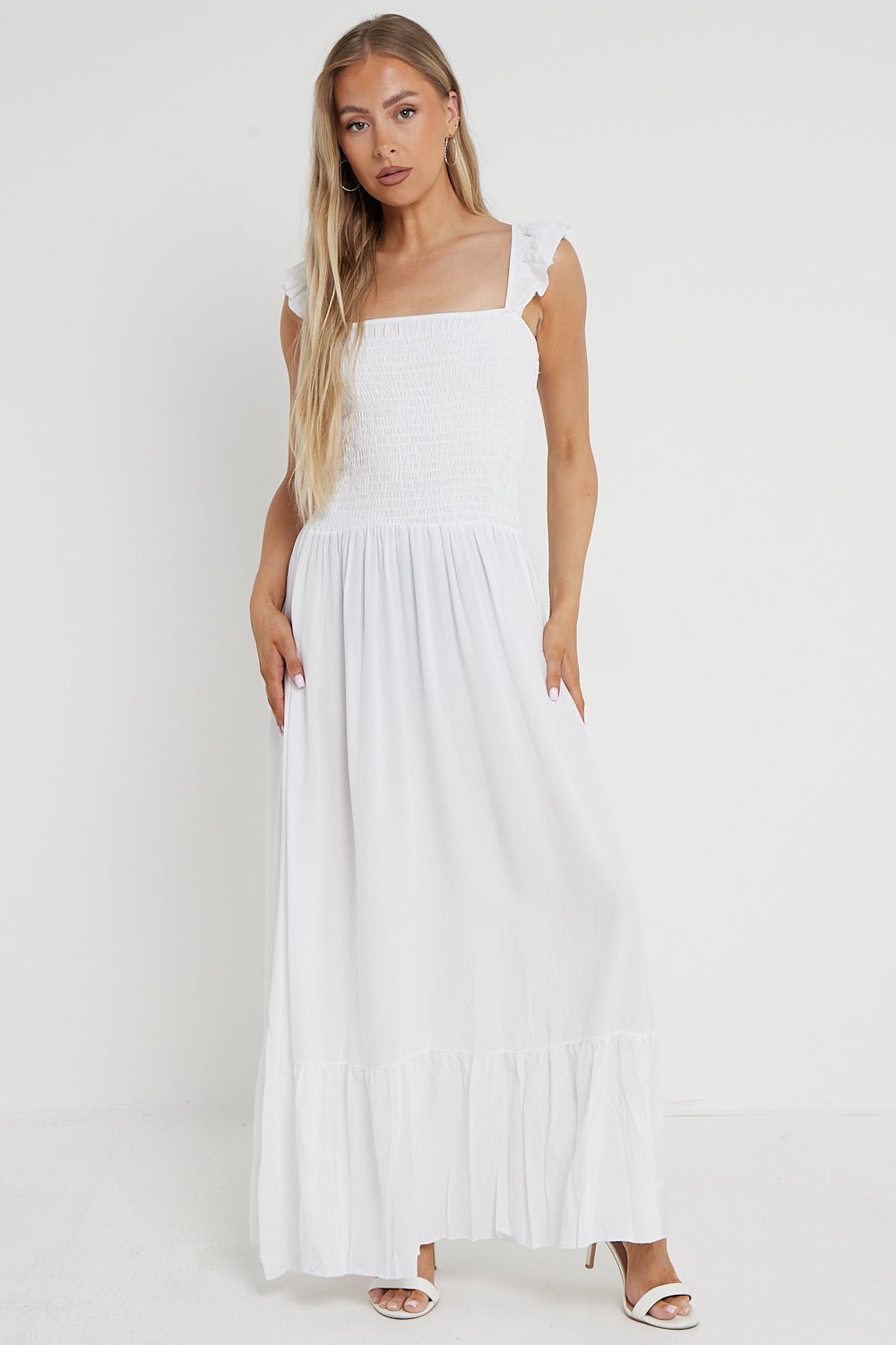 White Shirred Maxi Dress With Frill - Lolomo!