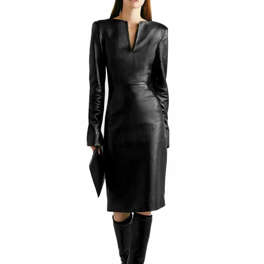 Women’s V - Neck Leather Cocktail Dress - Lolomo!