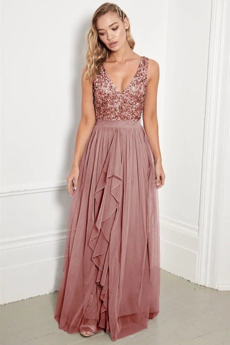 Yasmin Rose Gold Sequin Top Maxi Dress - Lolomo!