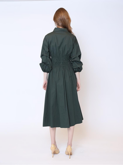 Gracia Ruched Puff Sleeve & Waist A Line Midi Dress D33917